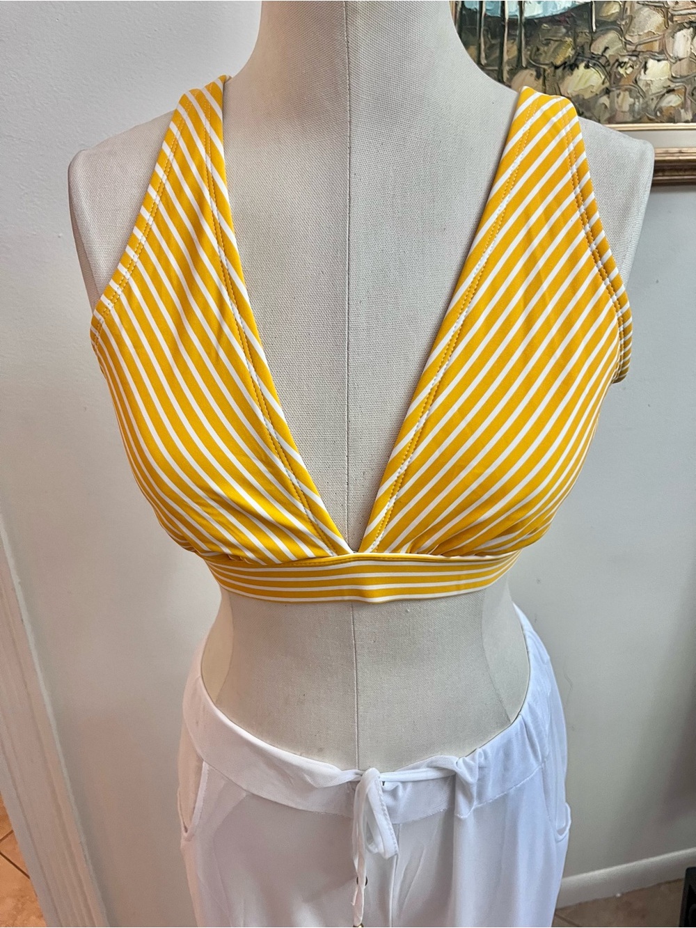 Kona Sol Yellow and White Striped Plunge Bikini Top woman swimwear